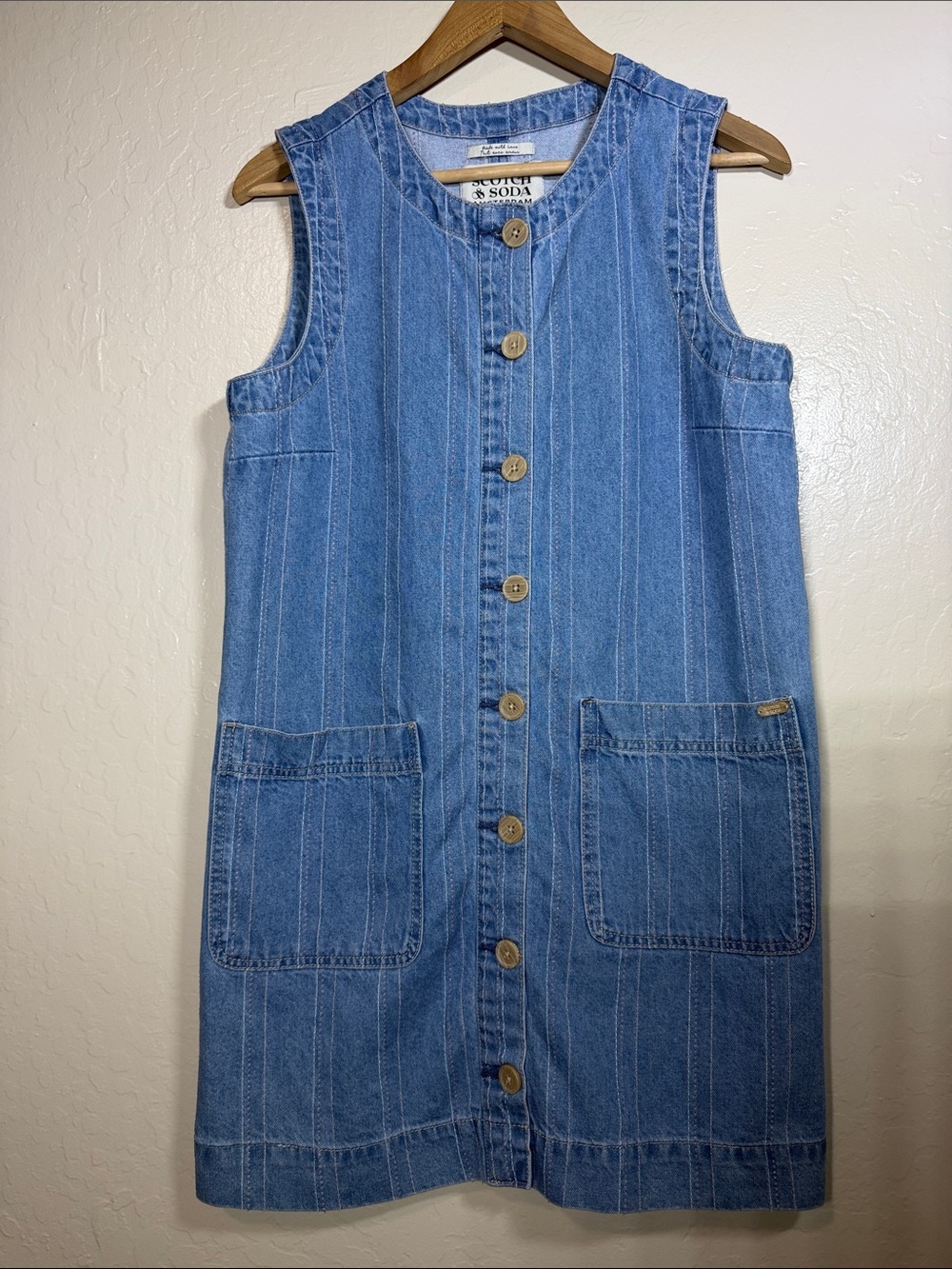 Scotch &Soda Denim Pinstripe Button Down Sleeveless Cottagecore 90s Dress M
